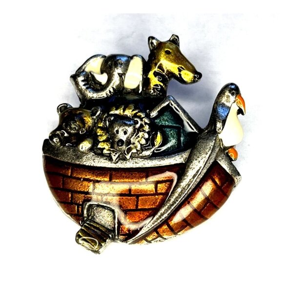 AJMC Pewter & Enamel Noah’s Ark Brooch Pin Vintage Signed - Picture 1 of 14